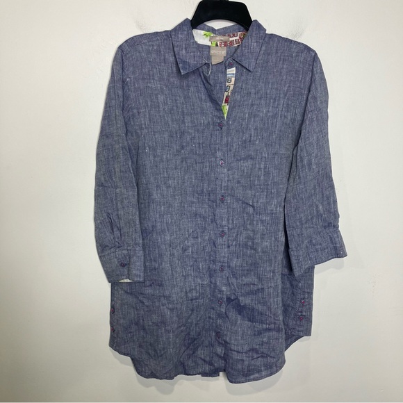 Chico's Tops - Chico’s 100% linen button down shirt tunic womens size 8-10 navy blue 3/4 sleeve